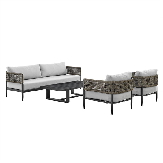 Alegria - 4 Piece Outdoor Black Aluminum & Rope Conversation Set With Cushions - Light Gray - Premium 4 Piece Outdoor Sets from Armen Living - Just $5412.50! Shop now at brett interiors