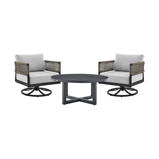 Alegria And Menorca - 3 Piece Patio Outdoor Swivel Seating Set With Cushions - Black / Gray - Premium 3 Piece Outdoor Sets from Armen Living - Just $3827.50! Shop now at brett interiors