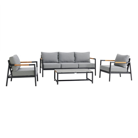 Crown - 4 Piece Outdoor Seating Set With Cushion - Black / Teak - Premium 4 Piece Outdoor Sets from Armen Living - Just $4052.50! Shop now at brett interiors