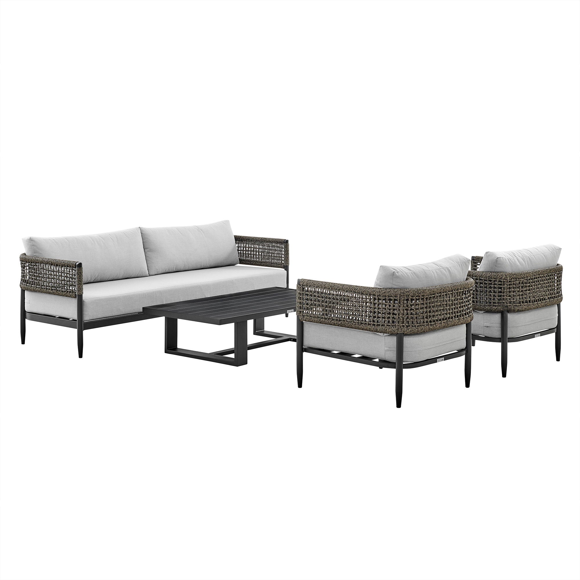 Alegria - 4 Piece Outdoor Black Aluminum & Rope Conversation Set With Cushions - Light Gray - Premium 4 Piece Outdoor Sets from Armen Living - Just $5412.50! Shop now at brett interiors