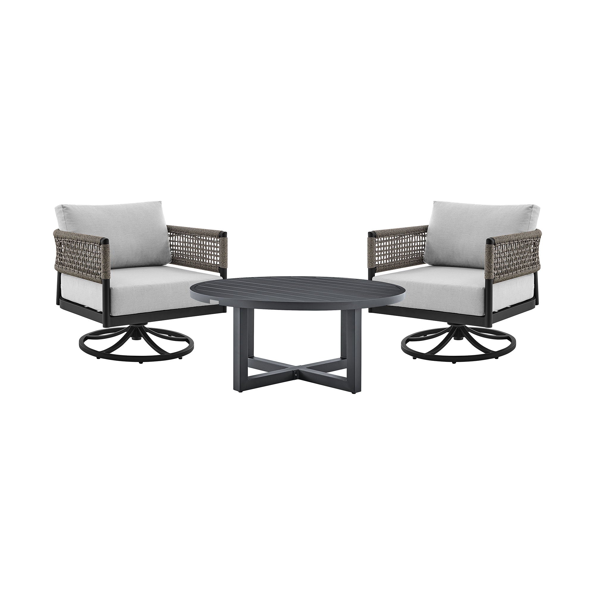 Alegria And Menorca - 3 Piece Patio Outdoor Swivel Seating Set With Cushions - Black / Gray - Premium 3 Piece Outdoor Sets from Armen Living - Just $3827.50! Shop now at brett interiors