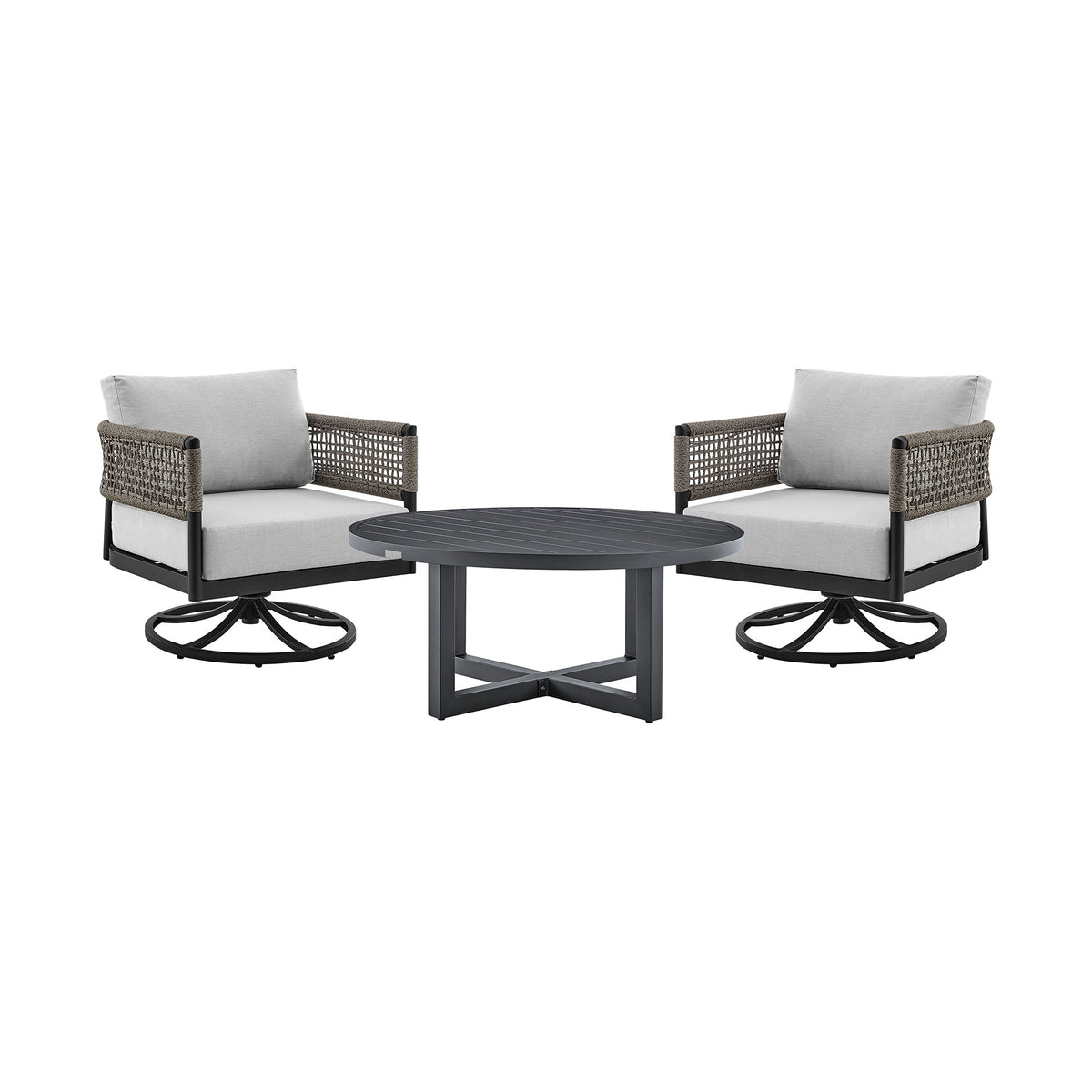 Alegria And Menorca - 3 Piece Patio Outdoor Swivel Seating Set With Cushions - Black / Gray - Premium 3 Piece Outdoor Sets from Armen Living - Just $3827.50! Shop now at brett interiors